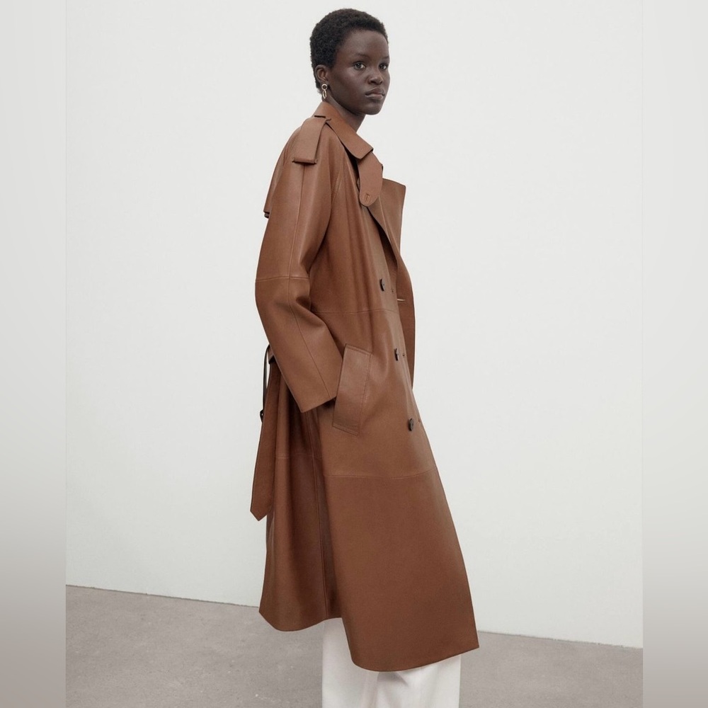 Massimo Dutti leather trench coat brown belted classic casual jacket - Picture 9 of 13